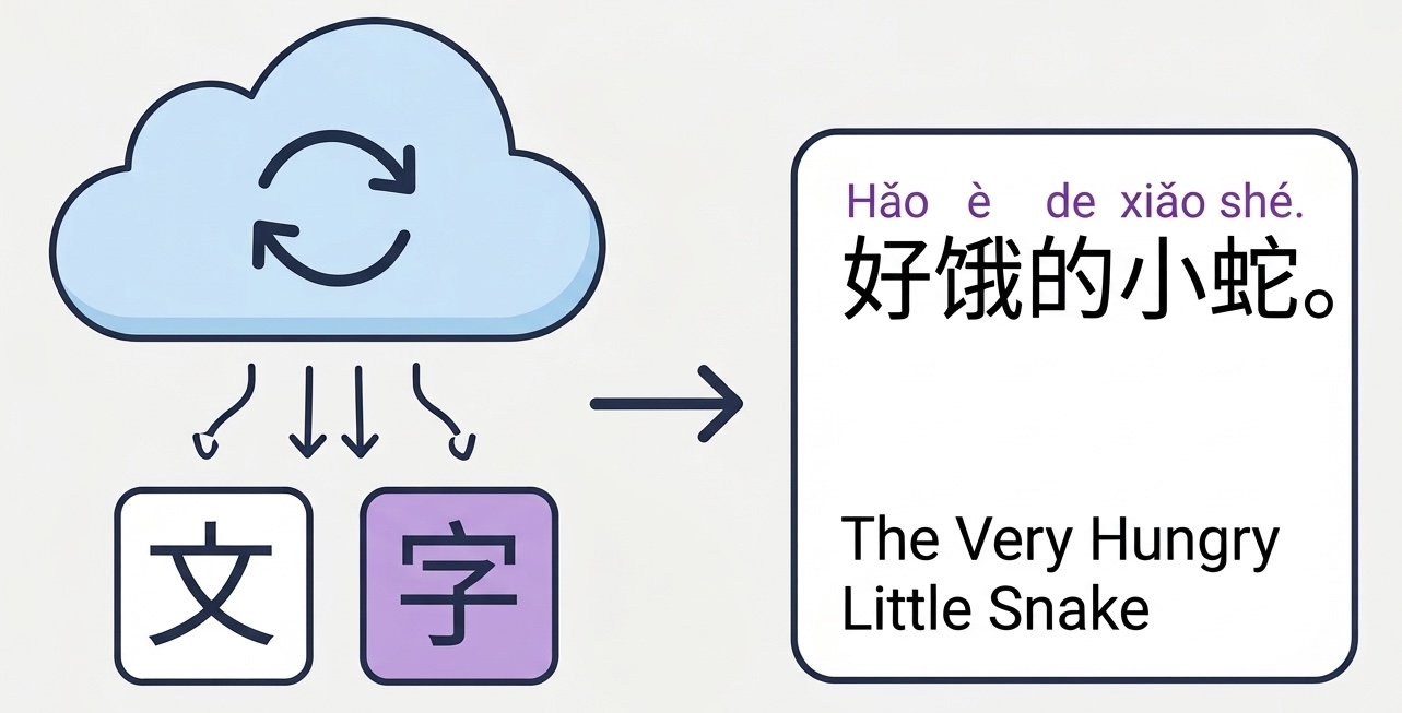 AI processing a book page into annotated text with pinyin and translations